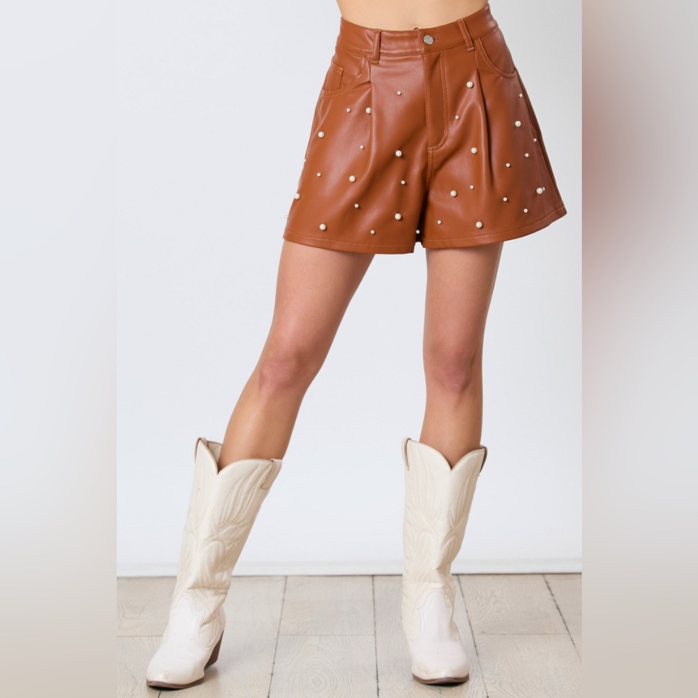 NWT- Last Pair! Peach Love California Brown Leather Pearl-Embellished Shorts